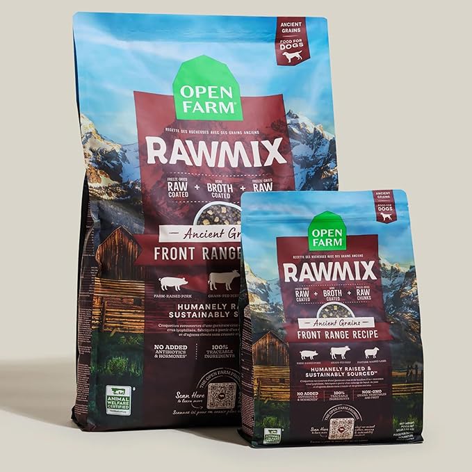 Open Farm, RawMix Dry Dog Food with Ancient Grains, Protein-Packed Kibble Coated in Bone Broth with Freeze Dried Raw Chunks, Beef Pork & Lamb, Front Range Recipe, 3.5lb Bag