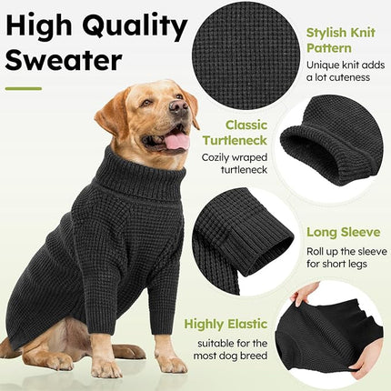Queenmore Turtleneck Long Sleeve Knitted Sweater with Check Pattern, Fall Winter Warm Sweaters for Small to Large Dogs and Cats, Charcoal Gray