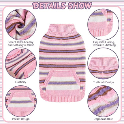 BINGPET Turtleneck Dog Sweater for Small Medium Large Dogs Boy or Girl,Warm Knitted Pullover Pet Sweaters,Colorful Striped Puppy Sweater with Cute Pocket,Great Gift for Pet in New Year(Pink,XS)