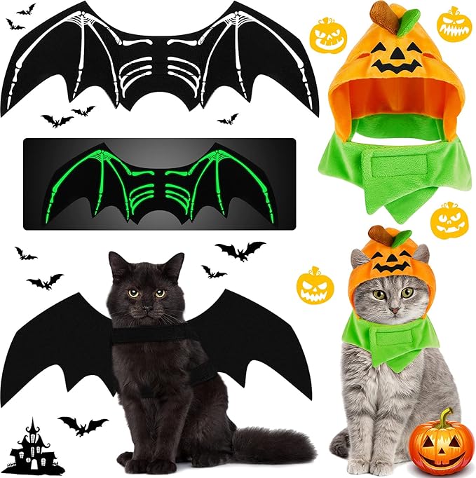 2 Pieces Halloween Pet Costumes Halloween Cat Bat Costume with Night Fluorescence and Halloween Pet Pumpkin Hat for Pet Cat and Small Dog Halloween Party Cosplay Party Decorations