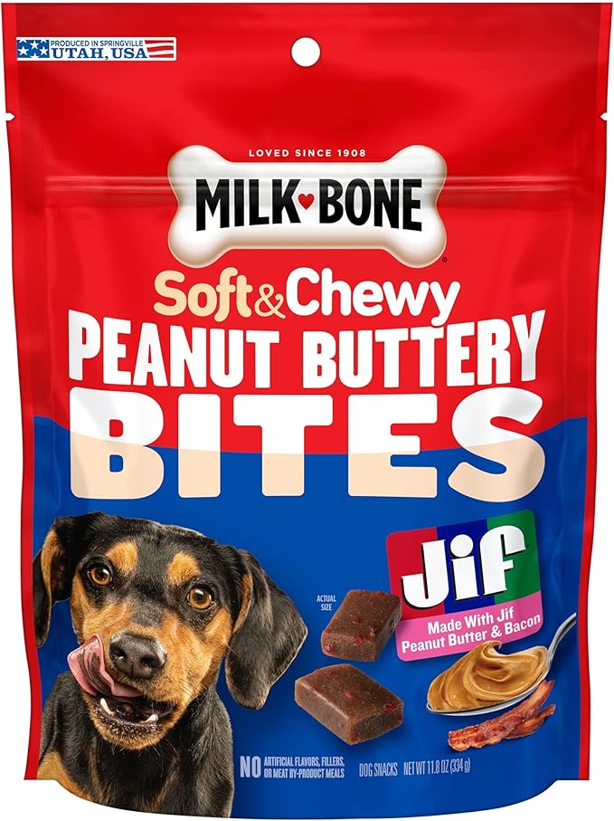 Milk-Bone Peanut Buttery Bites Soft Dog Treats with Real Peanut Butter & Bacon, 11.8 Ounce Bag