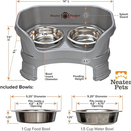 Neater Feeder Deluxe Mess Proof Cat Bowls Elevated for All Breeds – Made in USA – No Spill Raised Cat Bowls for Indoor Cats w/Leg Extensions – Stainless Steel Cat Food and Water Bowl Set - Grey
