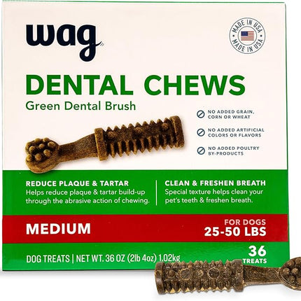 Amazon Brand - Wag Dental Dog Treats to Help Clean Teeth & Freshen Breath - Medium, Unflavored, 36 Count (Pack of 1)