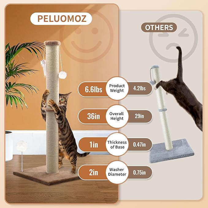 36'' Tall Cat Scratching Post, Large Sisal Scratch Post for Indoor Cats, Sturdy Cat Scratcher Tower, Vertical Cat Scratch Pole, Modern Cat Furniture for Kittens & Adult Cats (Brown)