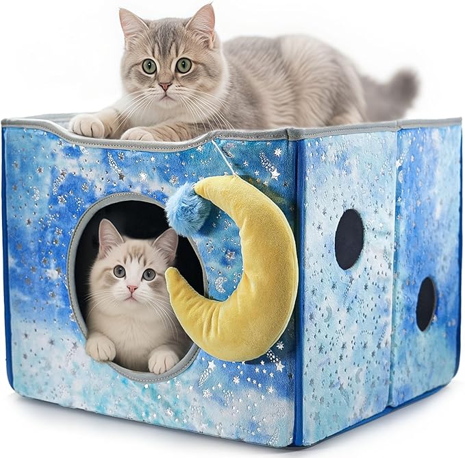 CWV Cat Houses for Indoor Cats, Cute Cat Cave Bed with Scratch Pad, Foldable Cat Cube for Multiple Large Cats, 17X17x13inch, Star Design