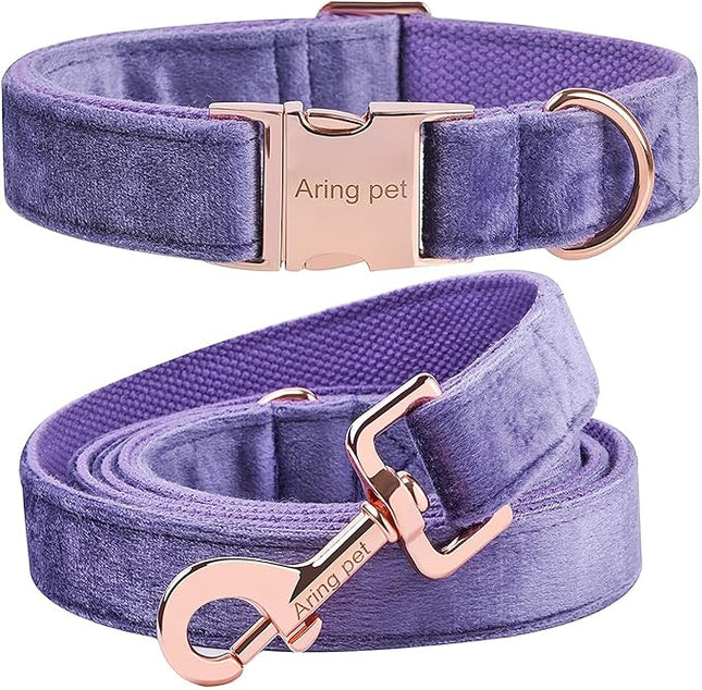 ARING PET Velvet Dog Collar and Leash Set, Soft Purple Dog Collar and Leash, Adjustable Collars for Dogs