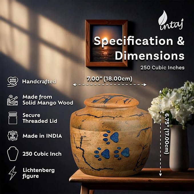 INTAJ Wooden Pet Urns for Dogs/Cats Ashes - Blue Resin Paws & Lichtenburg Design - Keepsake Cremation Urn Box, Pet Memorial Wooden Urns for Ashes, Small to Large Sizes (Odyssey, Large)