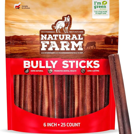 Natural Farm Odor-Free Bully Sticks (6 Inch, 25 count),1.3 lb. Bag, Fully Digestible 100% Beef Pizzle Chews,Grass-Fed, Non-GMO,Grain-Free, Natural Long-Lasting Chews for Small & Large Dogs. Pack of 25