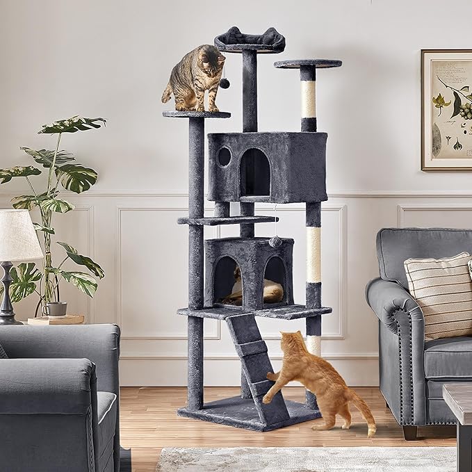 Yaheetech XL Cat Tree, 80in Multi-Level Tower With Scratching Posts, Double Caves, Perched Platforms and Dangling Balls, Stand House for Kittens Pet, Dark Gray