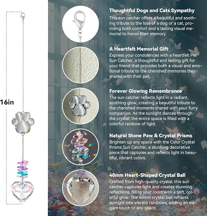 Pet Memorial Gifts for Dogs, Loss of Cat Sympathy, Remembrance Bereavement Crystal Suncatcher with Natural Cat's Eye Stone Paw, Rainbow Bridge Memorial Gift for Passing Away Loving Pets