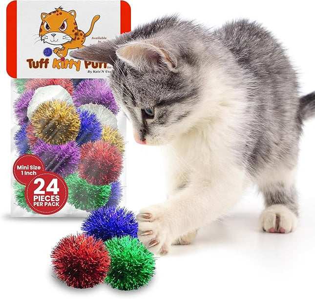 Tuff Kitty Puff Kats' N Us Cat Toy - Mini Size 1 Inch - Sparkle Ball Cat Toys - Glitter Assorted Colors (Pack of 24)