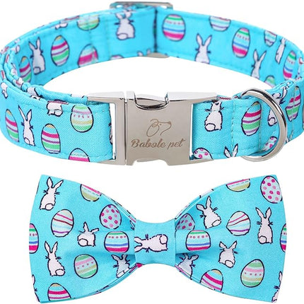 Easter Dog Collar with Bow Tie - Adjustable Easter Bunny Eggs Dog Collar Blue Rabbit Bowtie Metal Buckle Puppy Collars for Small Medium Large Dogs S