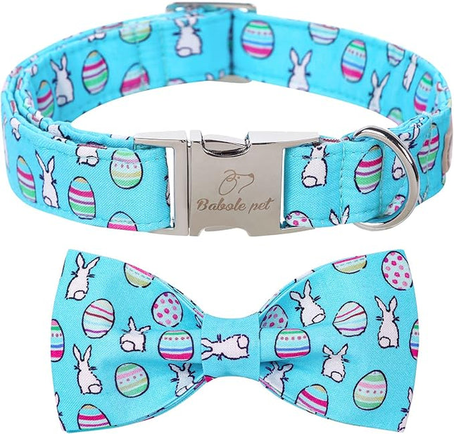 Easter Dog Collar with Bow Tie - Adjustable Easter Bunny Eggs Dog Collar Blue Rabbit Bowtie Metal Buckle Puppy Collars for Small Medium Large Dogs L