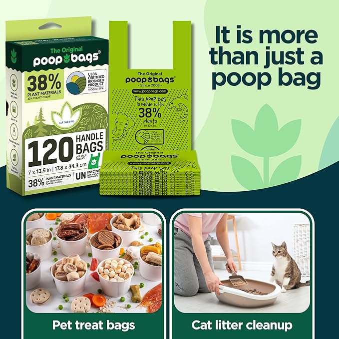 The Original Poop Bags® Dog Waste Bags with Handles - Heavy-Duty & Leak-Proof, USDA Certified 38% Plant-Based, Unscented, Easy Tie-Handle Poop Bags for All Size Dogs (360 Count)