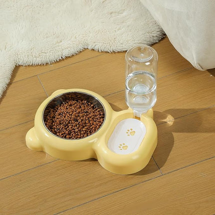 Dog Bowls, Cat Food and Water Bowl Set with Water Dispenser and Stainless Steel Bowl for Cats and Small Dogs - Yellow