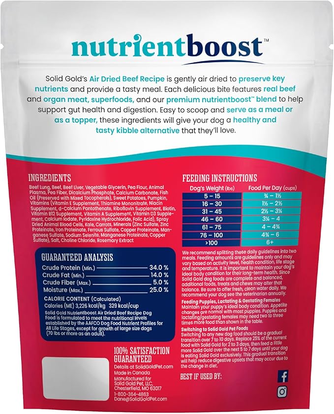 Solid Gold Air Dried Dog Food Toppers for Dry Food - Healthy Dog Treats w/Real Beef & Superfoods - Serve as a Complete Meal, Topper or Treats - Supports Muscle Growth, Immunity & Digestion - 2lb