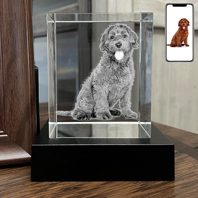 Personalized Dog, Cat Memorial Gifts for Pet Owners. Gift Box Included, Customized Laser Etched Crystal Photo (Medium Landscape)