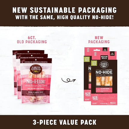 Earth Animal No Hide Chews - Long Lasting Rawhide Free Medium Dog Chews Rolls, Salmon - 3 Count Value Pack