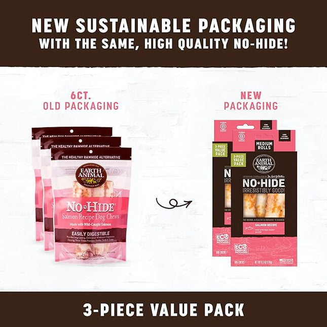 Earth Animal No Hide Chews - Long Lasting Rawhide Free Medium Dog Chews Rolls, Salmon - 3 Count Value Pack