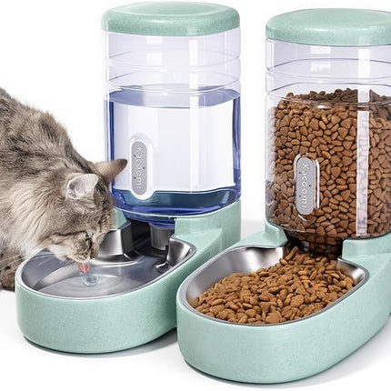Automatic Cat Feeder and Water Dispenser with Stainless Steel Bowl Gravity Food Feeder and Waterer Set for Small Medium Dog Puppy Kitten 1 Gallon x 2(Green)