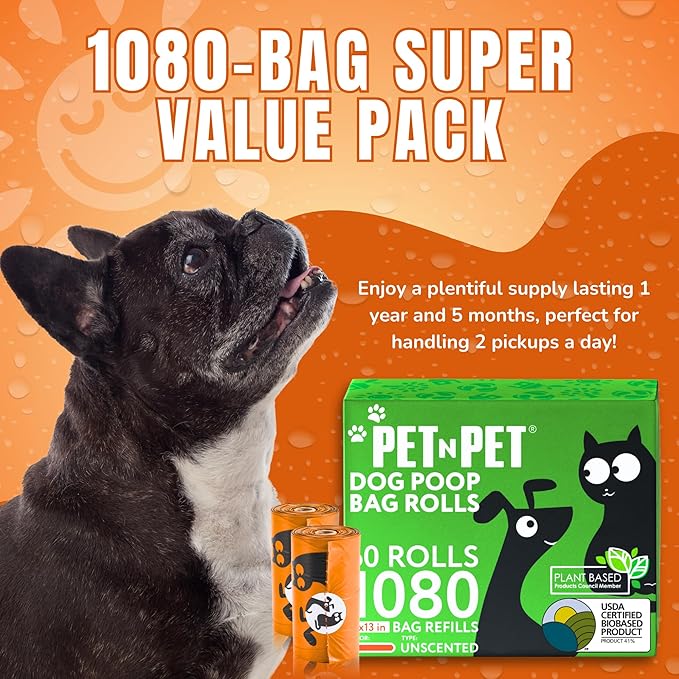 Pet N Pet 1080 Counts Orange Poop Bags for Dogs, 41% Plant Based & 59% PE Extra Thick Dog Poop Bags Rolls, 9" x 13", Unscented Pet Waste Bag