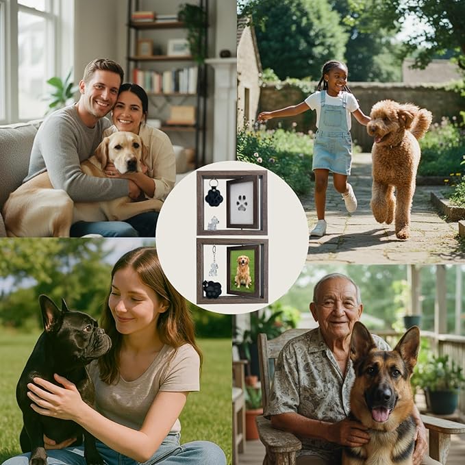 Dog Memorial Gifts Picture Frame, Pet Paw Print Kit & Fur Keepsake Keychain Set - 360 Rotating Wood Frame for Loss of Dog Sympathy Gift, Pet Bereavement & Remembrance