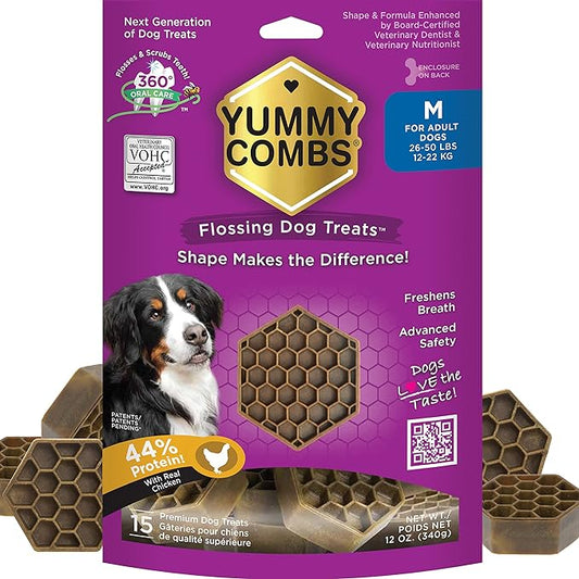 Dog Dental Treats – Vet VOHC Approved – Delicious Chicken Protein – Removes Tartar with Cleaning Comb Shape – Dental Dog Treats for Medium Dogs (12oz, 15 Count)