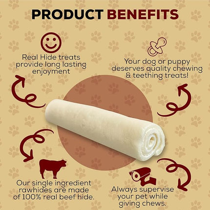 | All Natural Dog Chew Treats - Premium Rawhide Rolls, 9-10 Inch - Long Lasting Grass Fed Free Range Beef Hide - Medium/Large Dogs - 4 Count