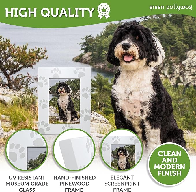 Green Pollywog Screenprinted Paw Print Picture Frame | White Hand-Finished Pinewood | Fits 5” x 7” Photo | Pet Lover Gift