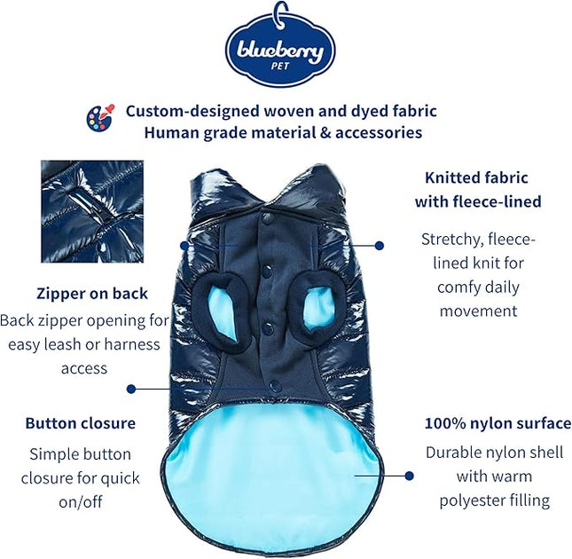 Blueberry Pet Cozy & Comfy Windproof Lightweight Quilted Fall Winter Glossy Dog Puffer Jacket in Navy Blue, Back Length 14", Size 12, Warm Coat for Small Dogs