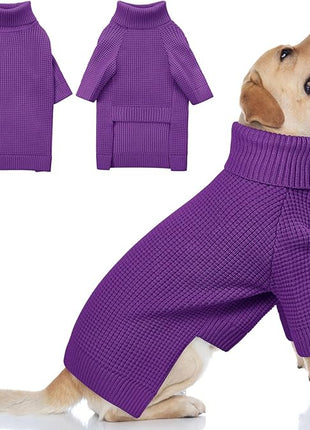 Queenmore XXL Dog Sweater, Large Dog Sweaters for Male Dogs, Turtleneck Plaid Kintsweaters for Large Breeds, Cold Weather Pullover Pet Clothes, Purple 2XL