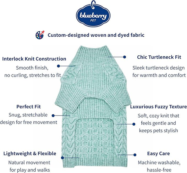 Blueberry Pet 2023 New Classic Fuzzy Textured Knit Pullover Turtle-Neck Dog Sweater in Heathered Jade, Back Length 18", Pack of 1 Clothes for Dogs