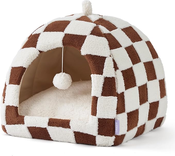 Lesure Cute Cat Beds for Indoor Cats - 2 in 1 Cat Cave Bed for Large Cats, House with Removable Washable Cushioned Pillow, Cozy Tent House with Non-Slip Bottom, Brown, 17.3 inches