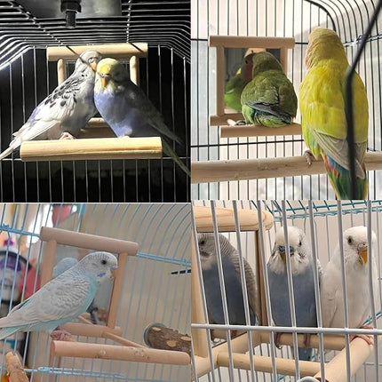 Bird Mirror Parakeet Mirror Perch Stand Wooden Swing Mirror Toy Cage Accessories for Parrots Budgies Parakeets Cockatiels Lovebirds Finches
