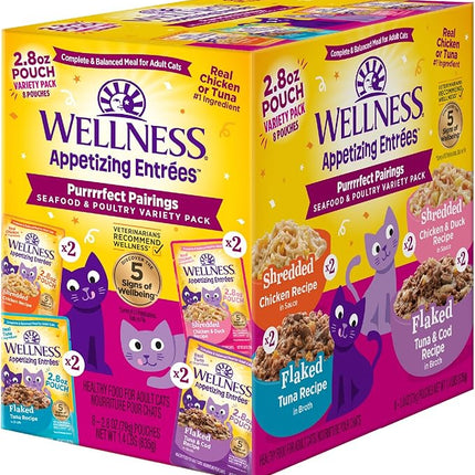 Wellness Appetizing Entrées Flaked & Shredded Adult Wet Cat Food, Natural, Protein-Rich, Grain Free, 2.8 Ounce Pouch, 8 Pack (Seafood & Poultry Variety Pack)