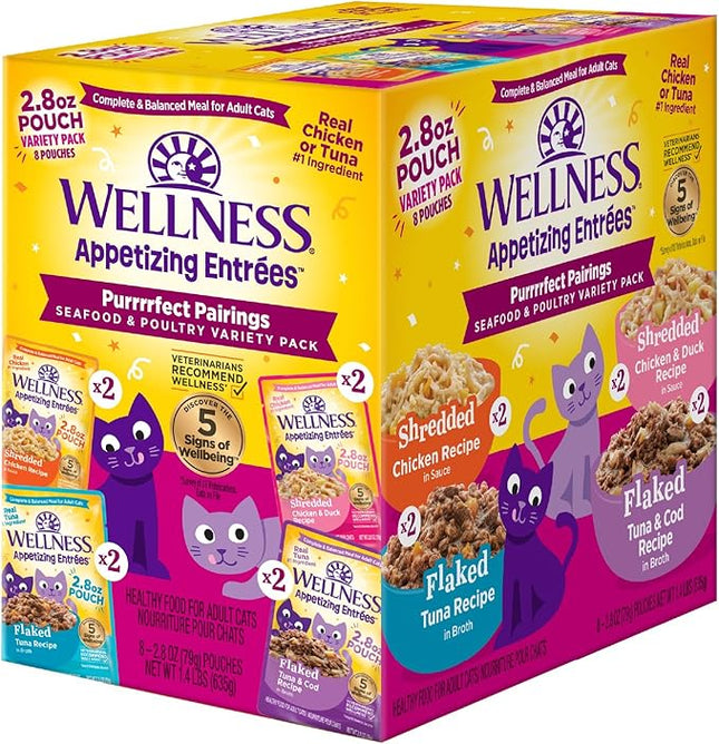 Wellness Appetizing Entrées Flaked & Shredded Adult Wet Cat Food, Natural, Protein-Rich, Grain Free, 2.8 Ounce Pouch, 8 Pack (Seafood & Poultry Variety Pack)