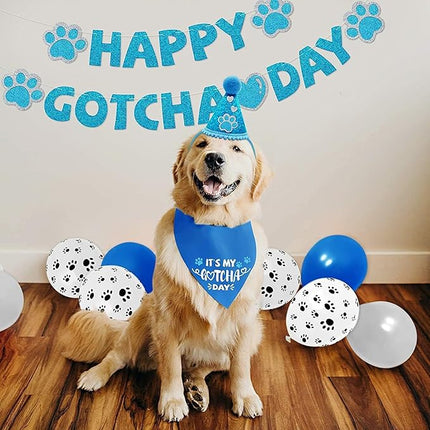Happy Gotcha Day Dog Bandana- Dog Birthday Party Supplies Boy Girl Gotcha Day Triangle Scarf with Hat Banners Balloons It’s My Gotcha Day Bibs Adoption Party Decor for Small Large Dogs-Blue