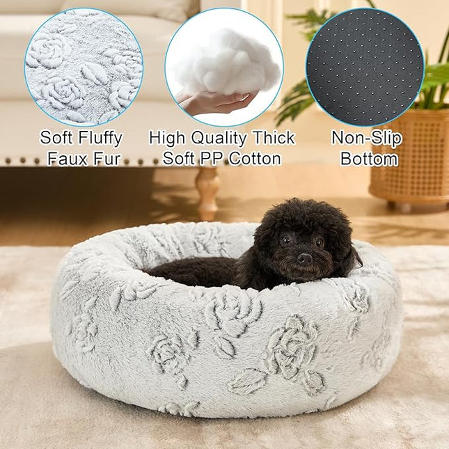 Dog Calming Beds for Small Medium Large Dogs - Round Donut Washable Puppy Dog Bed, Anti-Slip Faux Fur Fluffy Donut Cuddle Anxiety Cat Pet Bed (36" Rose)