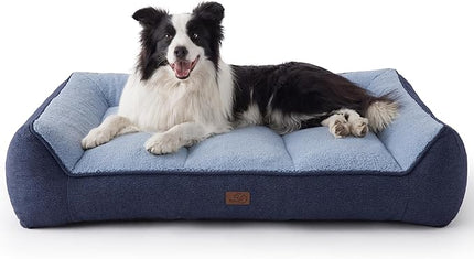 Bedsure Orthopedic Dog Beds Large Sized Dog - Extra Thick Supportive Large Dogs Bed with Waterproof Washable Cover, L Plus Comfort Pet Bed Sofa with Soft Plush Sherpa and Nonskid Bottom, Blue, 38"