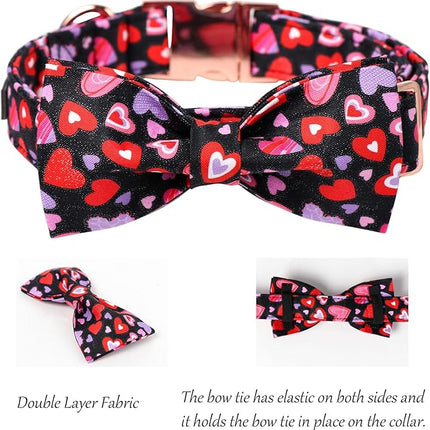 Lionet Paws Valentines Dog Collar Bowtie, Dog Bowtie Collar with Metal Buckle for Dogs, Adjustable Fabric Black Dogs Collars Girl Boy, L, Neck 16-24 in