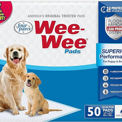 Four Paws Wee-Wee Superior Performance Unscented Pee Pads for Dogs & Puppies, Quilted Leak-Proof Dog Housebreaking Potty Training Floor Protection, 22" x 23", 50 Count