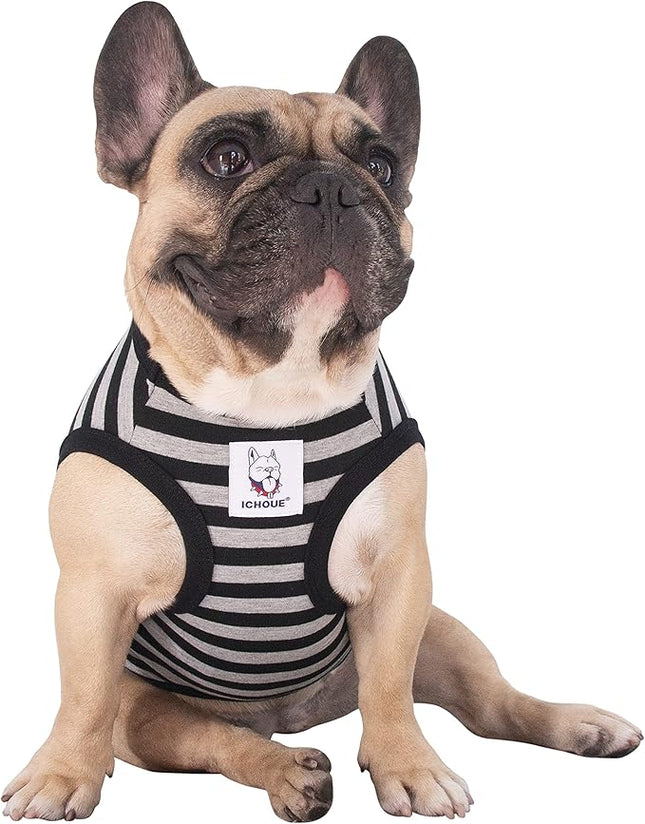 iChoue English Bulldog 100% Breathable Cotton Striped T Shirts Halloween Vest Clothes for Medium Dogs Tank Tops French Frenchie Pug Boston Terrier Pitbull Grey Black Stripes - XLarge