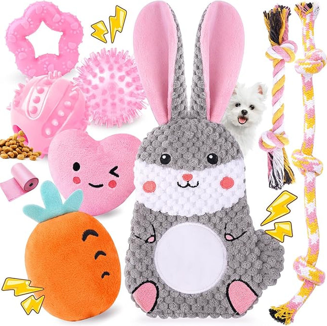 Zeaxuie Pink Puppy Toys for Teething - 9 Pack Small Dog Set With Chew, Squeaky Crinkle, Treat Ball and Interactive Rope for Puppies