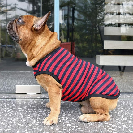 iChoue French Bulldog 100% Breathable Cotton Striped T Shirts Halloween Vest Clothes for Medium Dogs Tank Tops Frenchie Pug English Boston Terrier Pitbull Red Blue Stripes - Large Plus