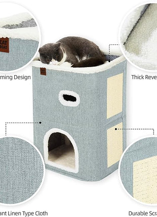 CATBOAT 2-Storey Cat House for Indoor Cats Bed, Covered Beds & Furniture with Scratch Pad and Hideaway Cave, Cute Modern Condo for Multi Small Pet Large Kitten Kitty, Light Grey