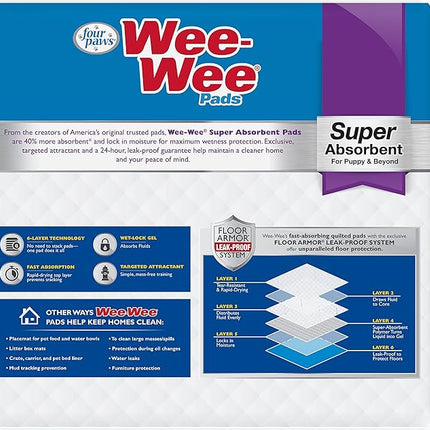 Four Paws Wee-Wee Super Absorbent Unscented Pee Pads for Dogs & Puppies with Insta-Rise Border, Leak-Proof Dog Housebreaking Potty Training Floor Protection, 24" x 24", 75 Count (Packaging May Vary)