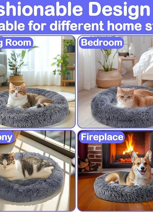 Cat Bed - Calming Cat Bed for Small Kittens Donut Washable Round for Indoor Kittens and Puppies, Anti-Slip Round Fluffy Plush Faux Fur,Large, Dark Blue