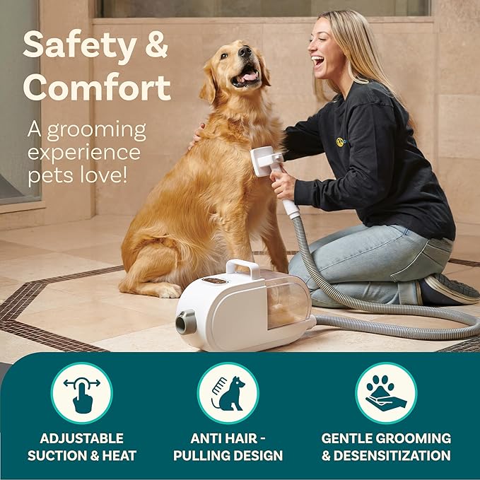 Dog Grooming Kit – Pet Clippers, Nail Grinder & Blow Dryer with Quiet 3-Speed Suction, 3 Heat Settings, 2.6L Dog Hair Vacuum Dust Bin, HEPA System, Self-Cleaning Brushes