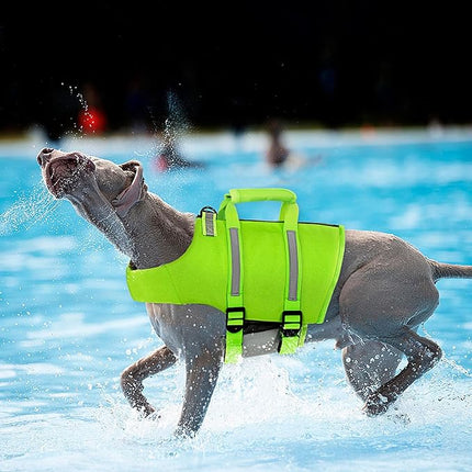 Queenmore Dog Swim Vest - Lightweight Adjustable Reflective Puppy Pet Float Life Preserver with Back Zip, Rescue Handle, Metal Hook (Green XXL)