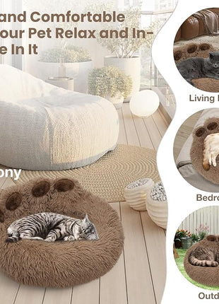 Calming Dog Bed Cat Bed Medium Size Dog - Donut Washable Medium Pet Bed, Warm Kitten Nest 24 inches Anti-Slip Round Fluffy Plush Faux Fur Cat Bed, Fits up to 25 lbs Pets, (Classic Camel)
